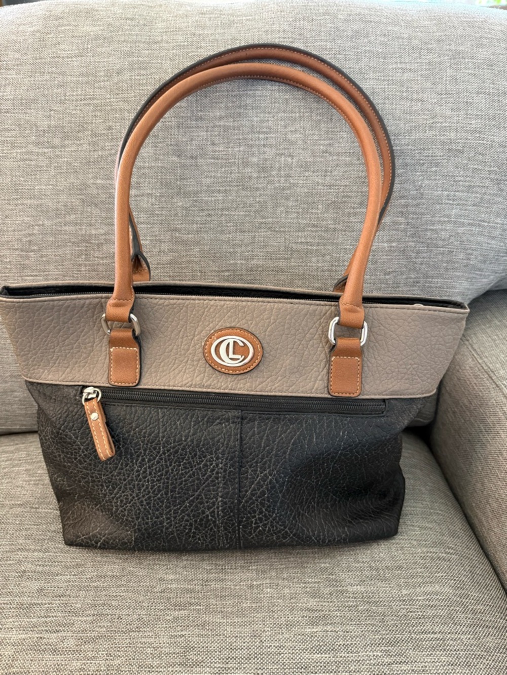 Two-Tone Black and Taupe Tote with Tan Handles